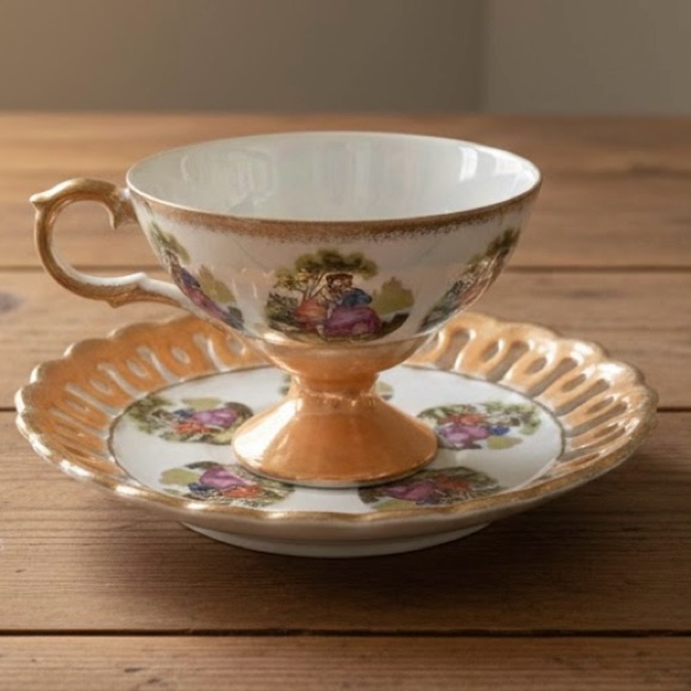 Vintage MCM Iridescent Lustreware Pedestal Teacup Saucer Set Courting Couple 50s